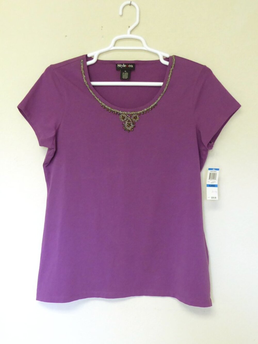 NWT Style and Co purple and gray iridescent beaded neckline t shirt size XL